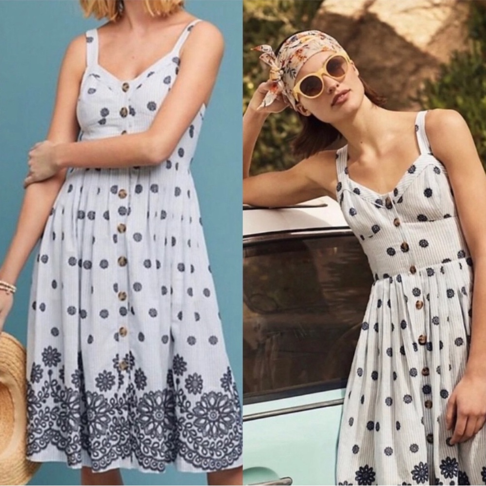 Anthropologie Maeve Savoy Button Front White/Blue Embroider Flower Dress